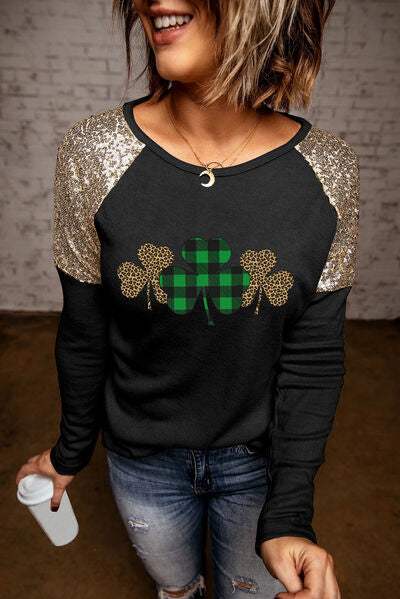 Lucky Clover Sequin Round Neck T-Shirt Women's T-Shirts - Tophatter Daily Deals