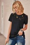 Distressed Short Sleeve Round Neck Tee Black Women's T-Shirts - Tophatter Daily Deals