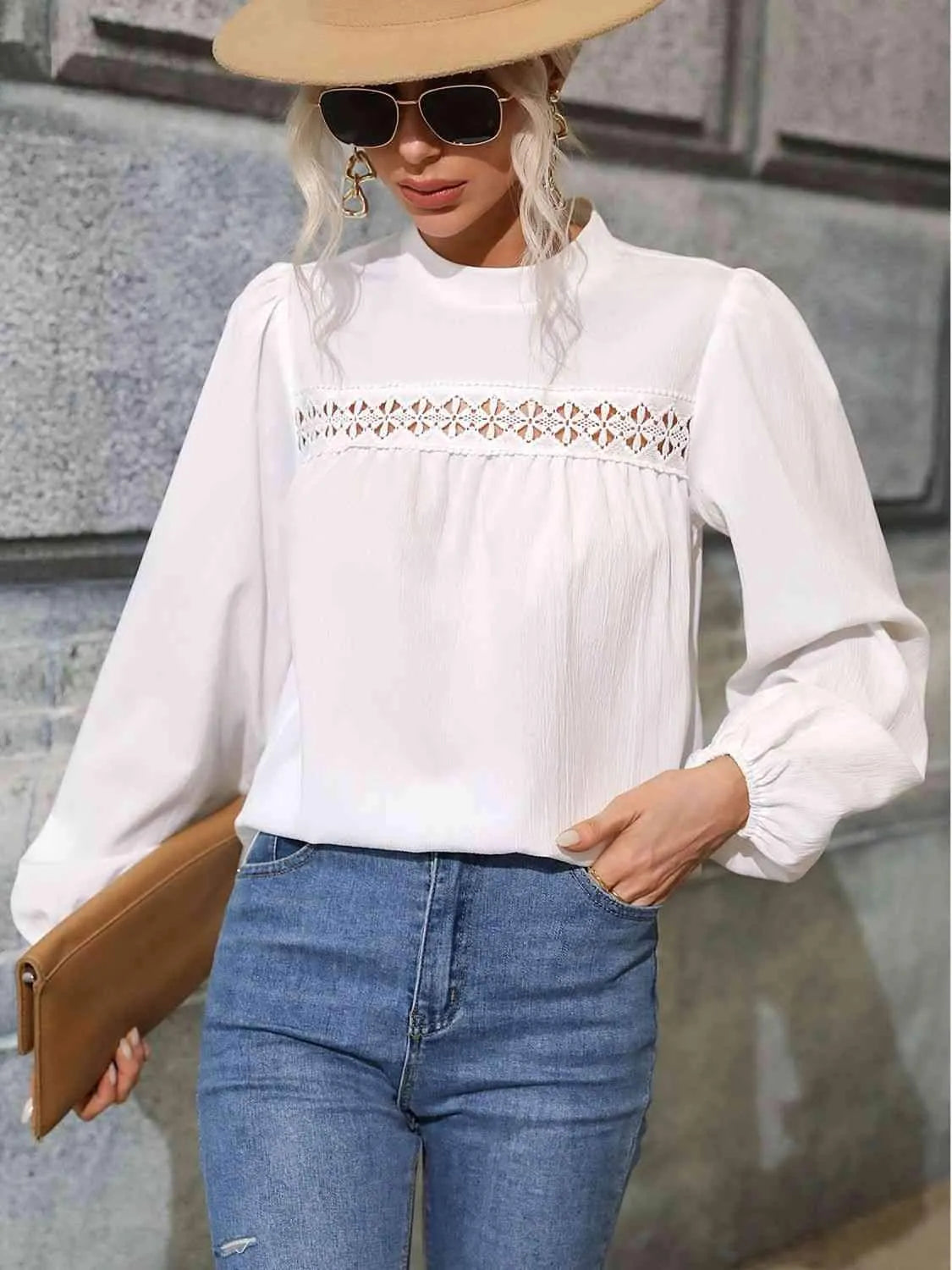 Round Neck Puff Sleeve Blouse Blouses - Tophatter Daily Deals