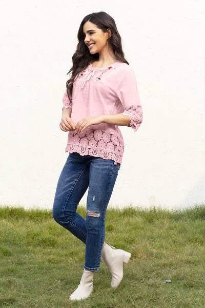 Tie Neck Lace Detail Half Sleeve Blouse Blouses - Tophatter Daily Deals