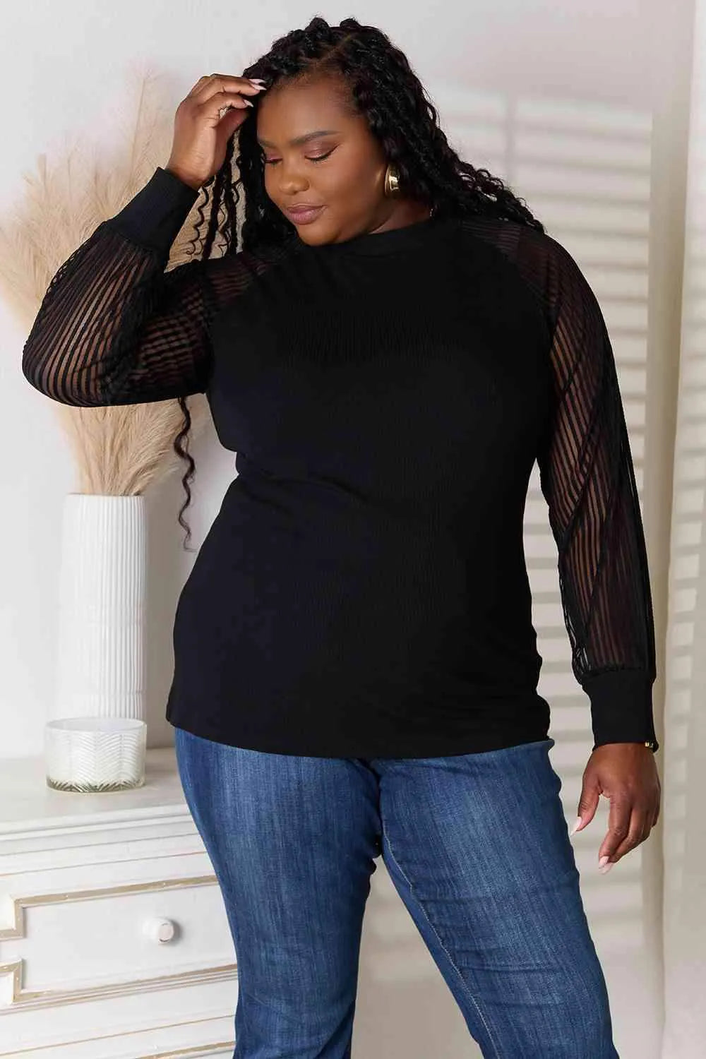 Double Take Round Neck Raglan Sleeve Blouse Blouses - Tophatter Daily Deals