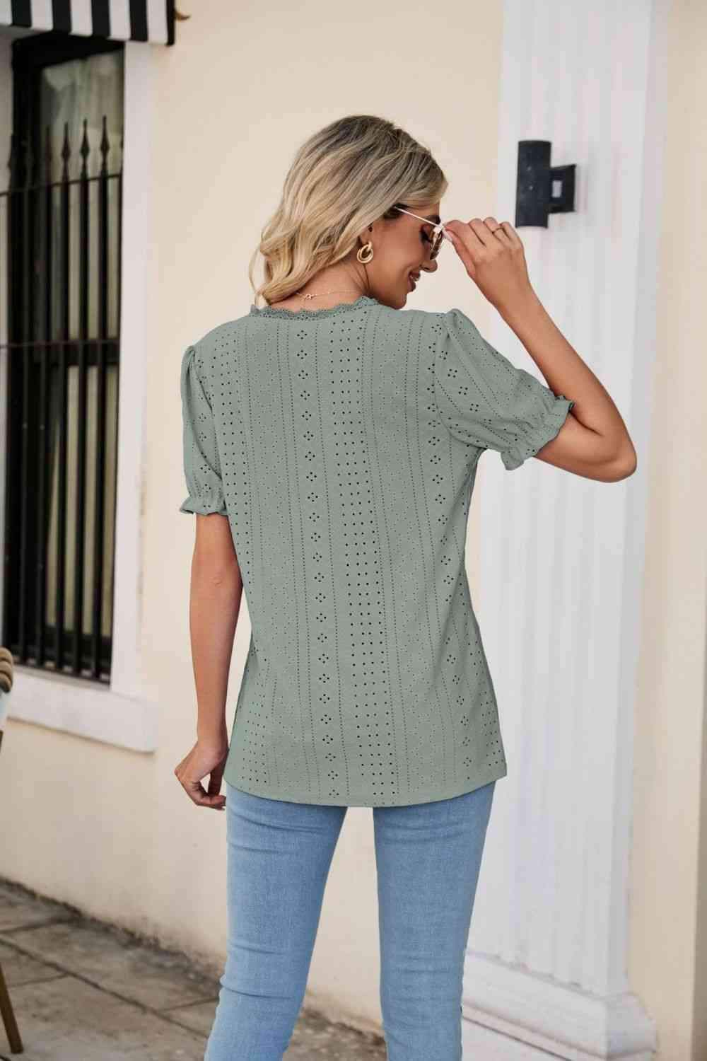 Eyelet Flounce Sleeve Scalloped V-Neck Top Blouses - Tophatter Daily Deals