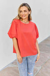 Petal Dew Sweet Innocence Full Size Puff Short Sleeve Top In Tomato Red Orange Blouses - Tophatter Daily Deals