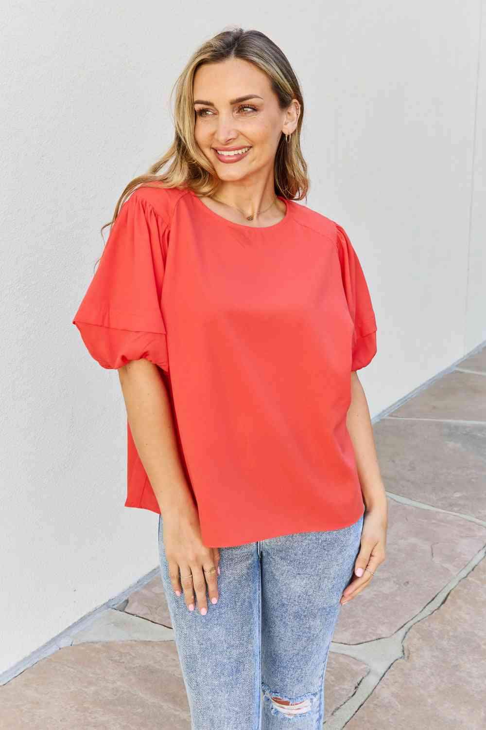 Petal Dew Sweet Innocence Full Size Puff Short Sleeve Top In Tomato Blouses - Tophatter Daily Deals