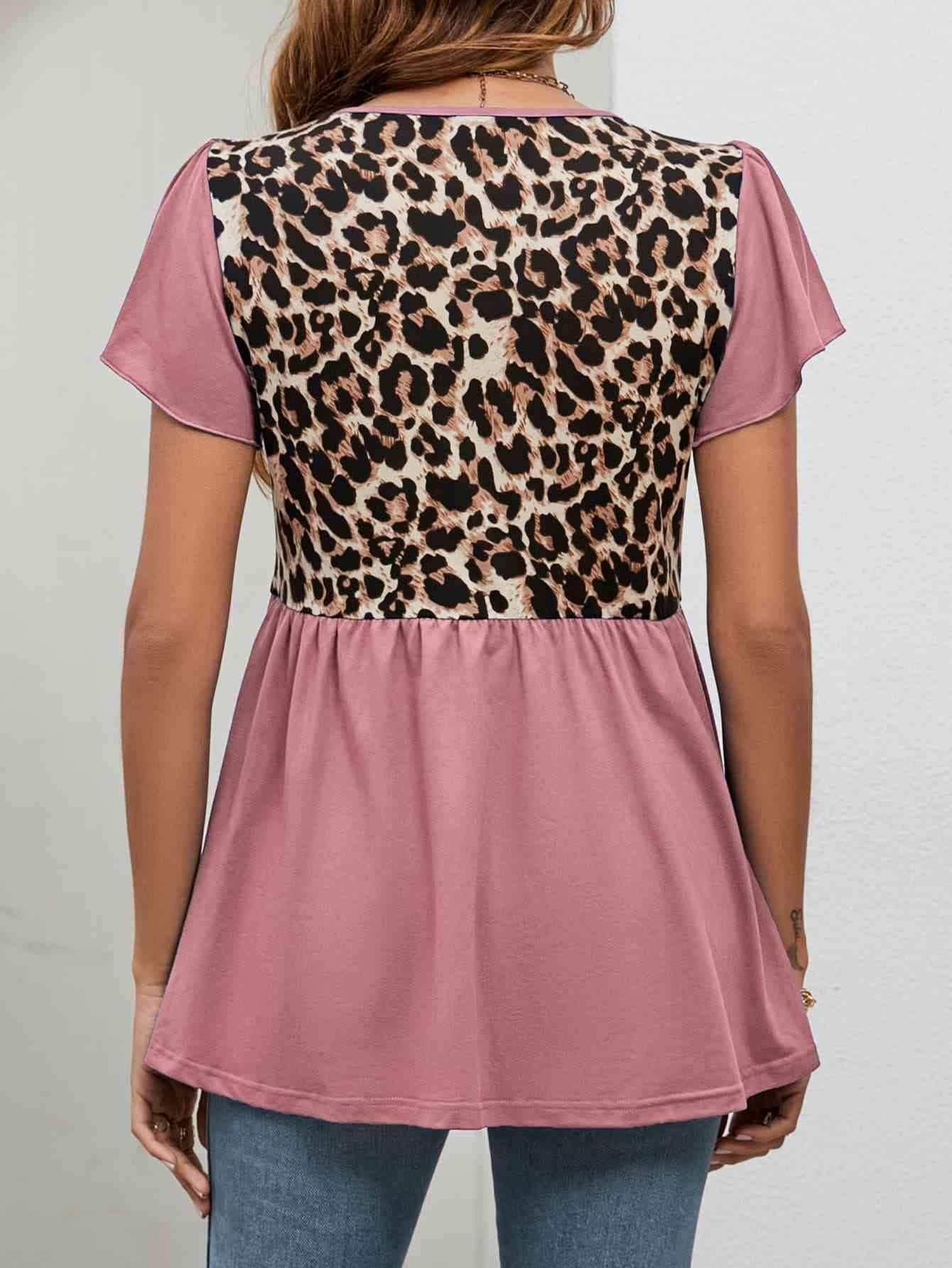 Leopard Round Neck Flutter Sleeve Babydoll Blouse Blouses - Tophatter Daily Deals