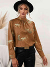 Leopard Graphic Mock Neck Puff Sleeve Blouse Caramel Blouses - Tophatter Daily Deals