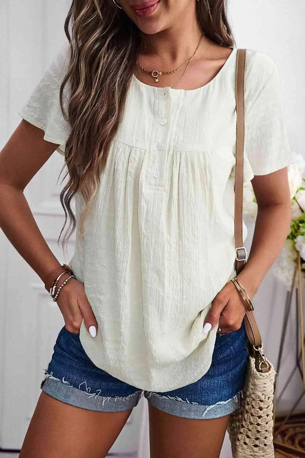 Quarter-Button Round Neck Short Sleeve Top Ivory Blouses - Tophatter Daily Deals