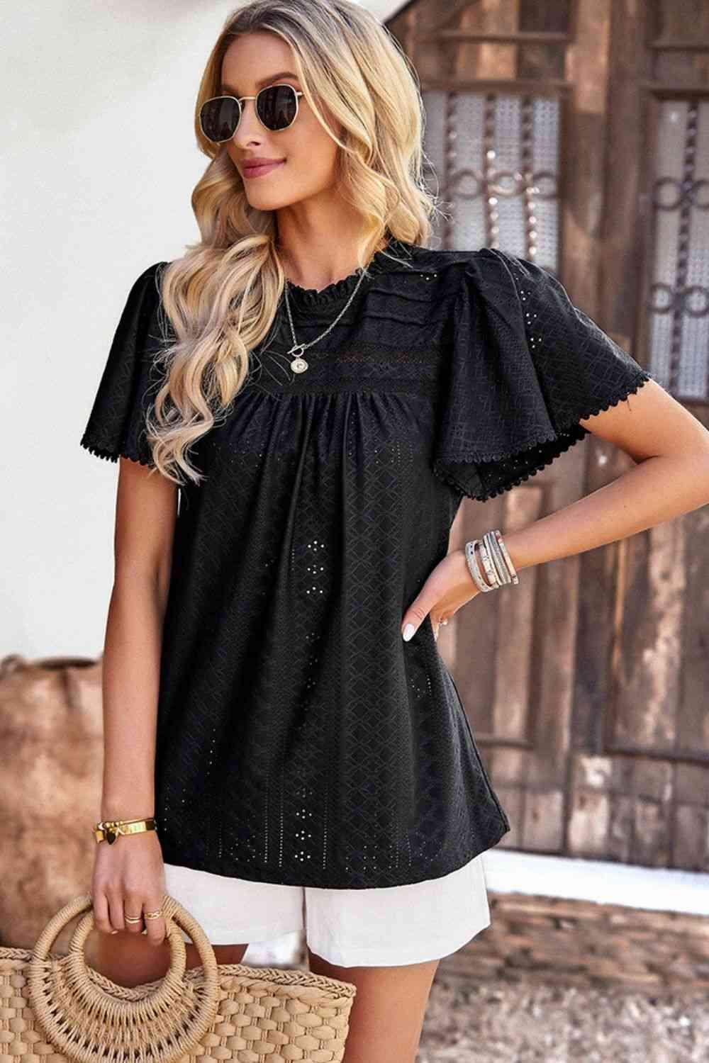 Frill Trim Round Neck Eyelet Puff Sleeve Blouse Blouses - Tophatter Daily Deals