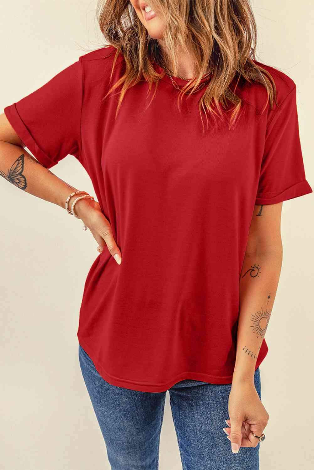 Round Neck Cuffed Short Sleeve Tee Deep Red Women's T-Shirts - Tophatter Daily Deals