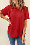 Round Neck Cuffed Short Sleeve Tee Deep Red Women's T-Shirts - Tophatter Daily Deals