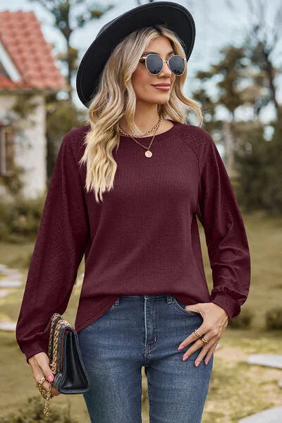 Eyelet Round Neck Long Sleeve T-Shirt Wine Women's T-Shirts - Tophatter Daily Deals