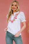 Embroidered Notched Neck Flounce Sleeve Top Blouses - Tophatter Daily Deals