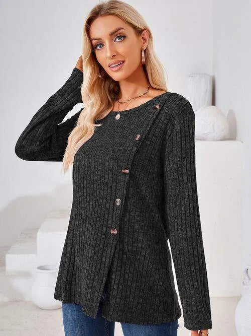 Ribbed Buttoned Round Neck Slit T-Shirt Women's T-Shirts - Tophatter Daily Deals