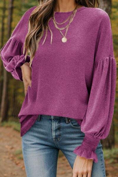 Round Neck Lantern Sleeve T-Shirt Fuchsia Women's T-Shirts - Tophatter Daily Deals