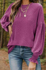 Round Neck Lantern Sleeve T-Shirt Fuchsia Women's T-Shirts - Tophatter Daily Deals