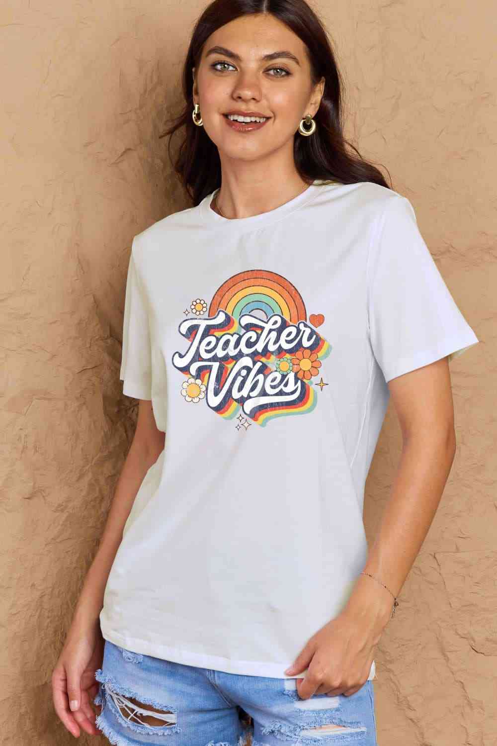 Simply Love Full Size TEACHER VIBES Graphic Cotton T-Shirt Women's T-Shirts - Tophatter Daily Deals