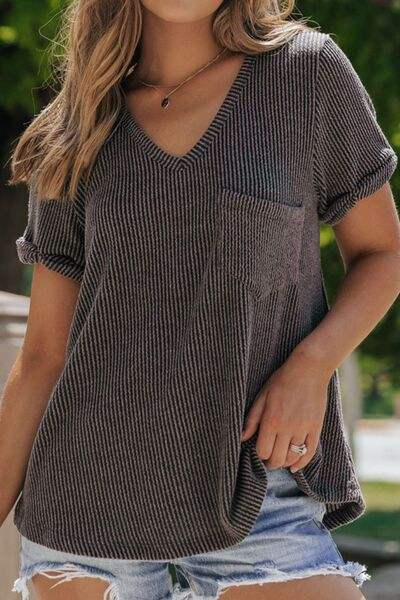 Textured V-Neck Short Sleeve T-Shirt Charcoal Women's T-Shirts - Tophatter Daily Deals