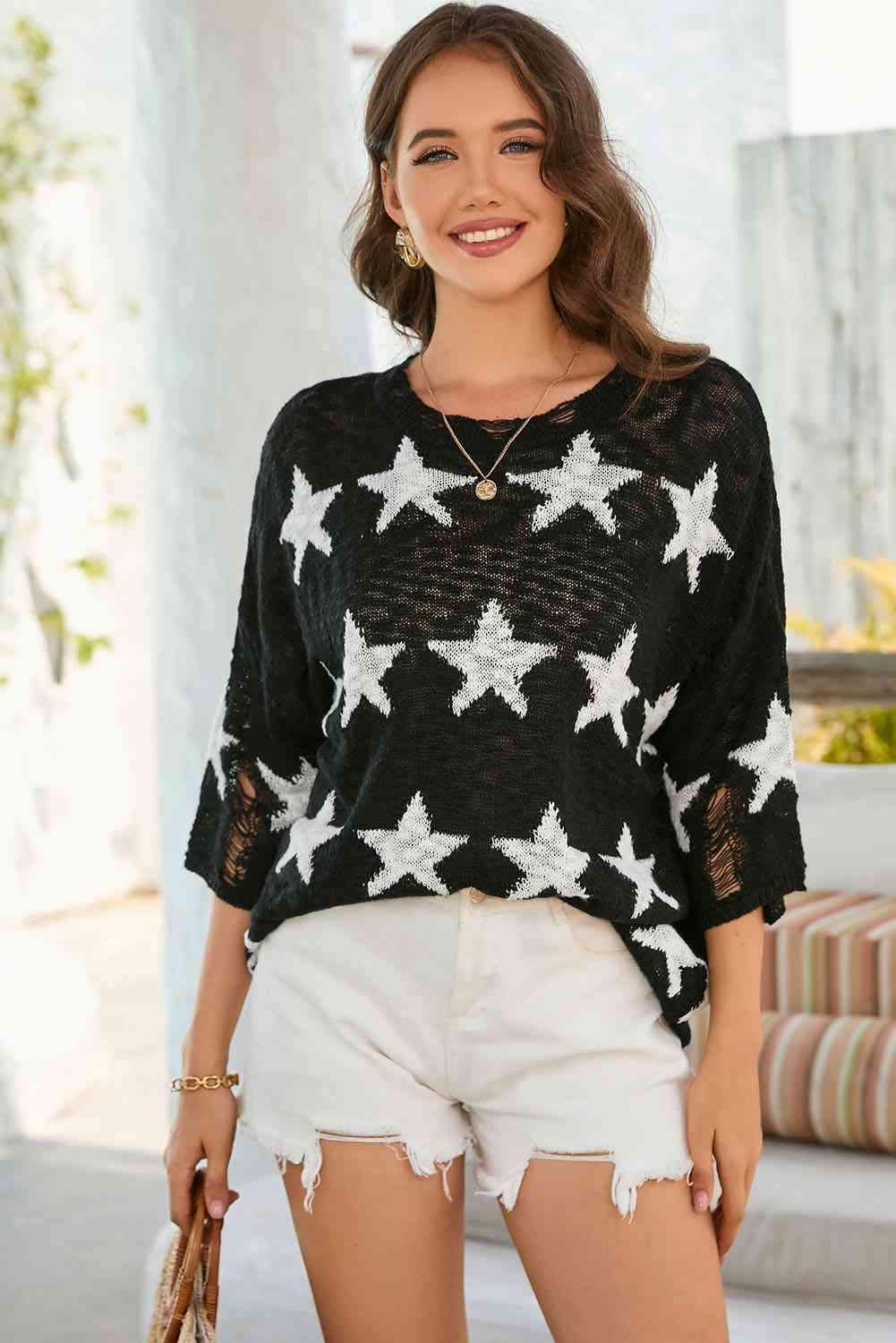 Star Pattern Round Neck Distressed Top Blouses - Tophatter Daily Deals