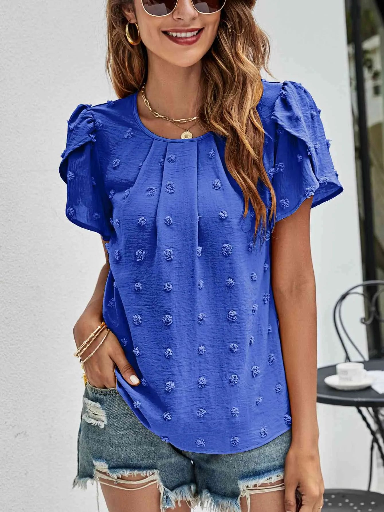 Swiss Dot Round Neck Petal Sleeve Top Royal Blue Blouses - Tophatter Daily Deals