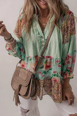 Floral Frill Trim Buttoned Notched Tiered Blouse Blouses - Tophatter Daily Deals