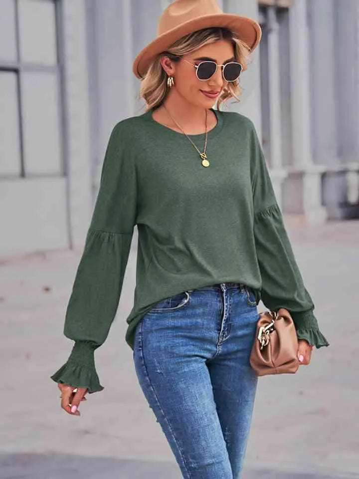 Round Neck Flounce Sleeve Blouse Green Blouses - Tophatter Daily Deals