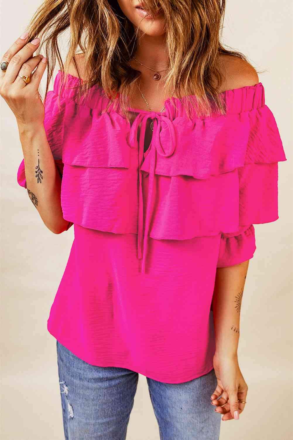 Tied Off-Shoulder Layered Blouse Hot Pink Blouses - Tophatter Daily Deals