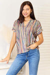 Double Take Multicolored Stripe Notched Neck Top Blouses - Tophatter Daily Deals