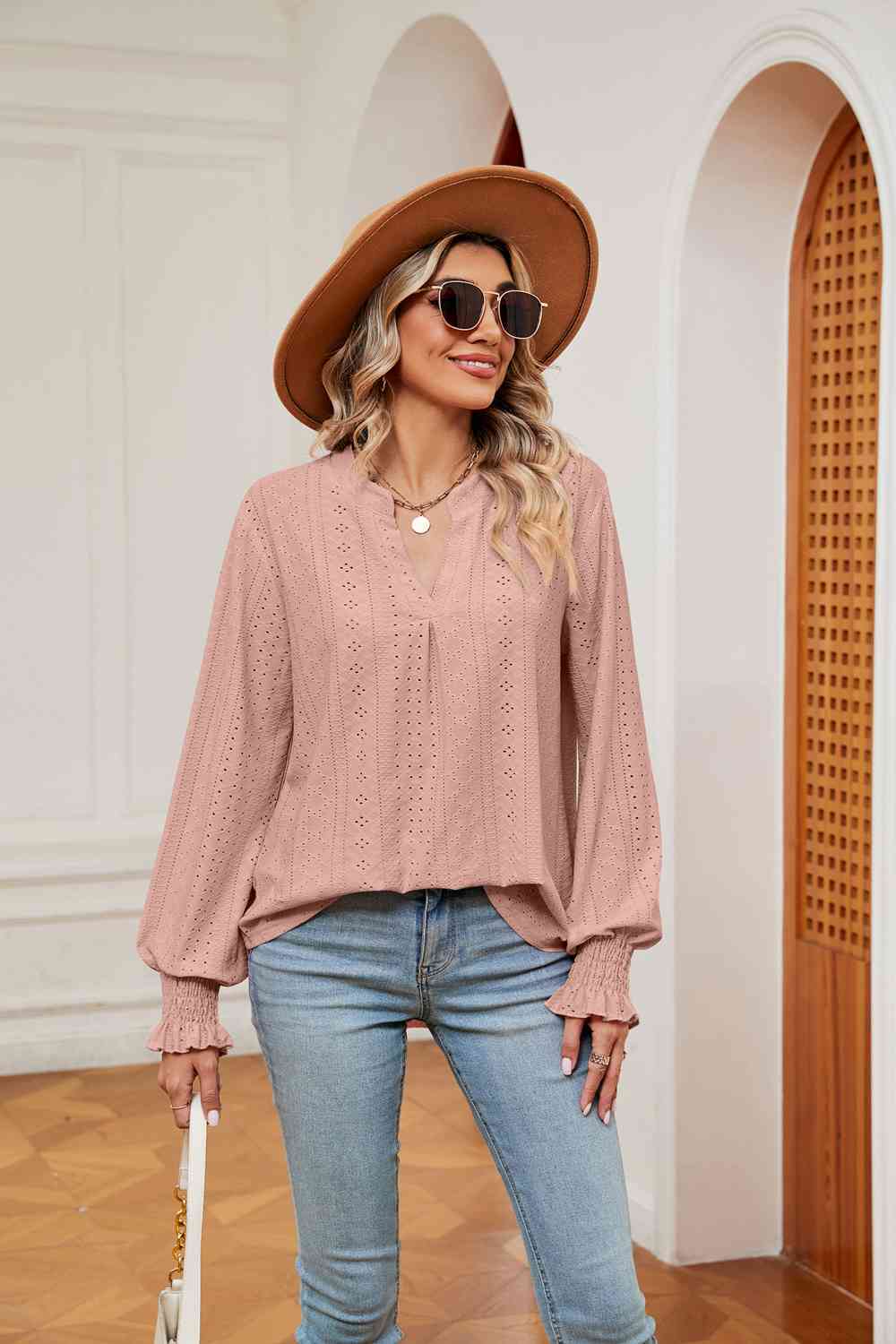 Notched Neck Flounce Sleeve Blouse Blouses - Tophatter Daily Deals