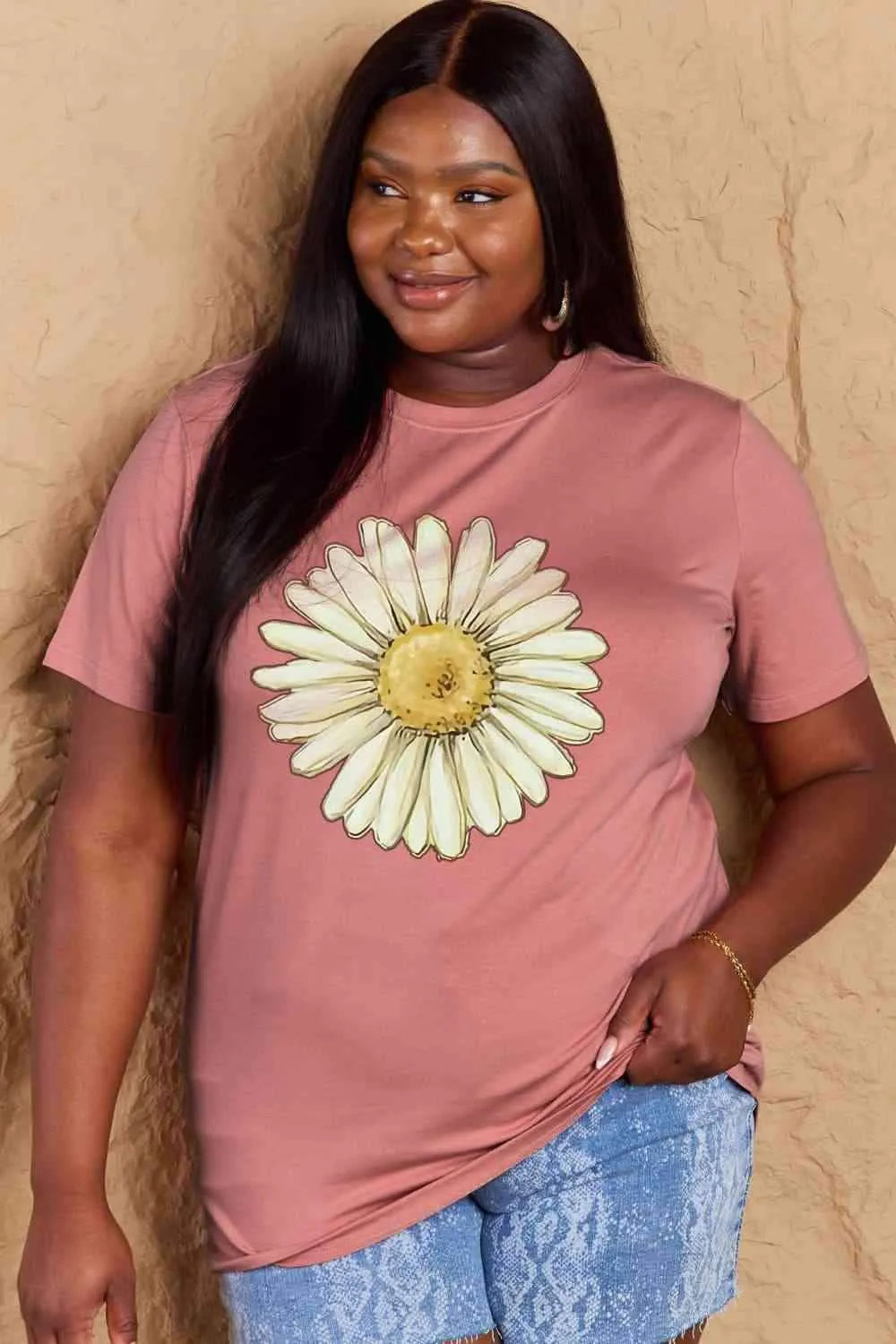 Simply Love Full Size FLOWER Graphic Cotton Tee Dusty Pink Women's T-Shirts - Tophatter Daily Deals