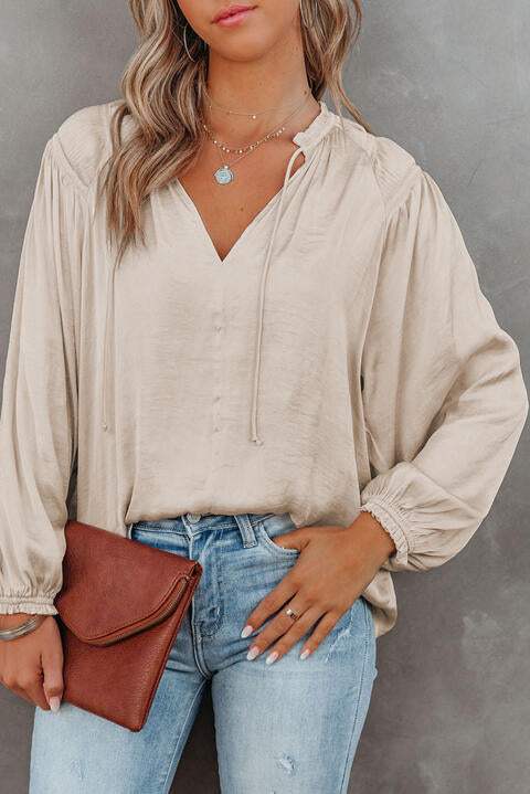 Tie Neck Long Sleeve Blouse Ivory Blouses - Tophatter Daily Deals