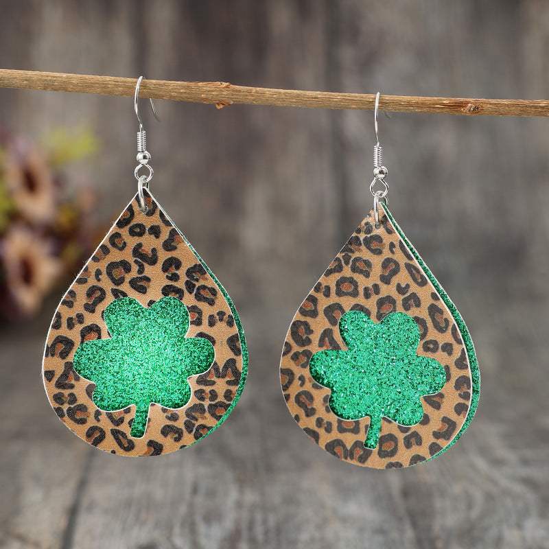 Leopard Hollowed Leather Teardrop Earrings Mid Green One Size Earrings - Tophatter Daily Deals