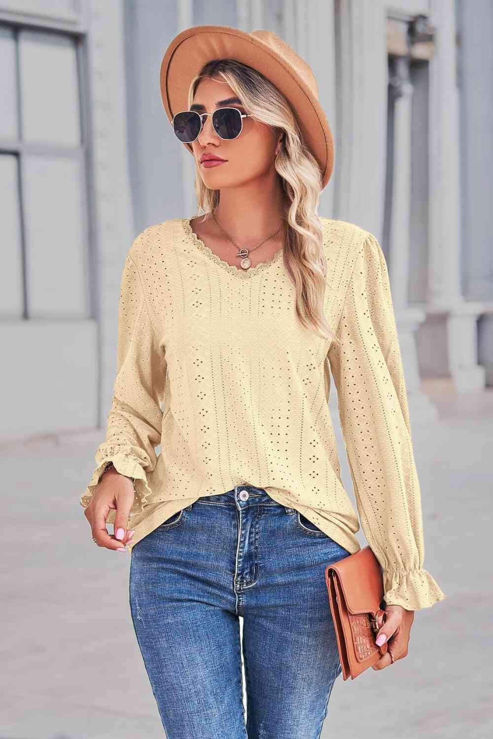 Lace Trim V-Neck Flounce Sleeve Top Blouses - Tophatter Daily Deals