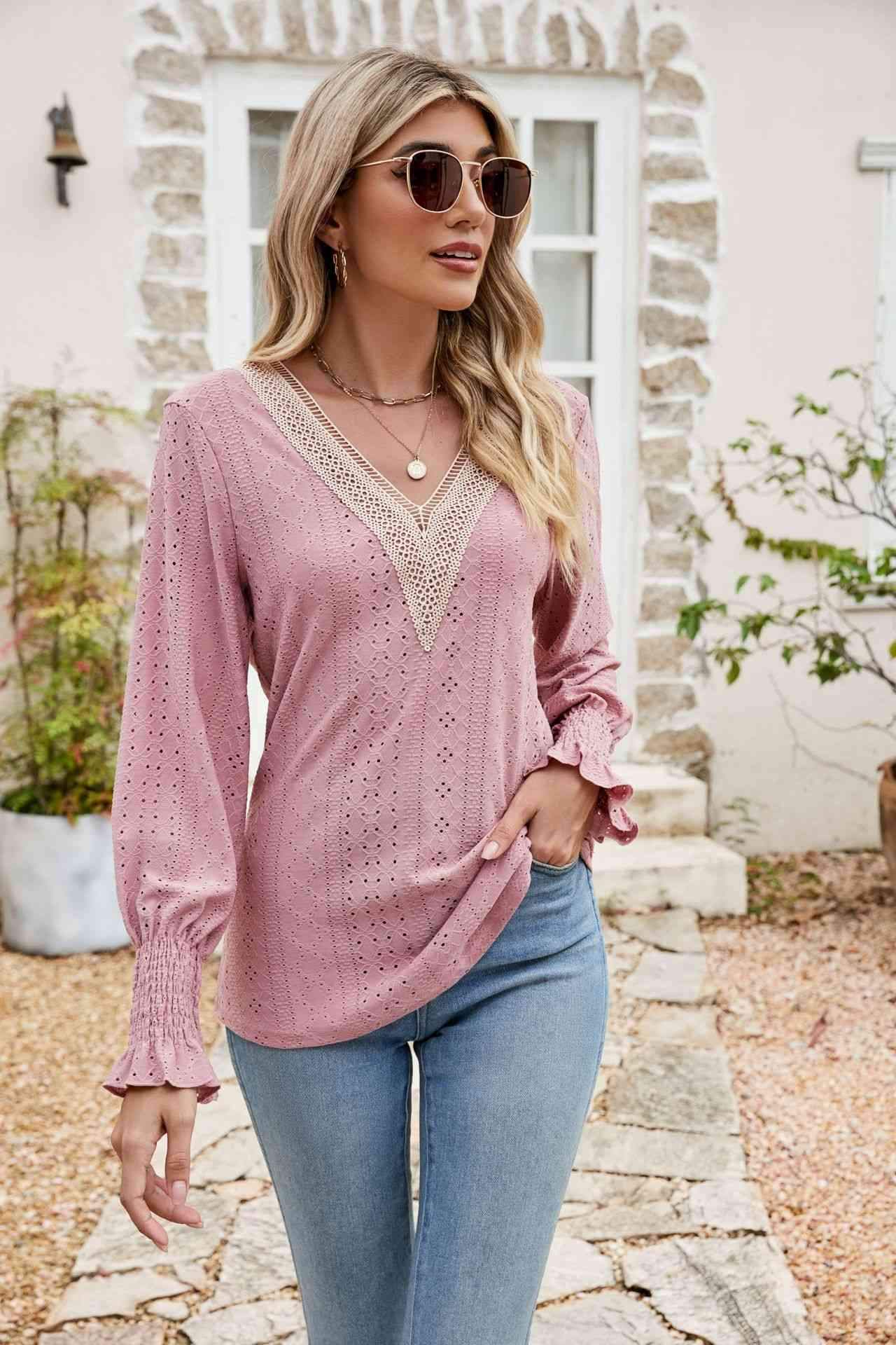 Eyelet V-Neck Smocked Flounce Sleeve Blouse Blouses - Tophatter Daily Deals