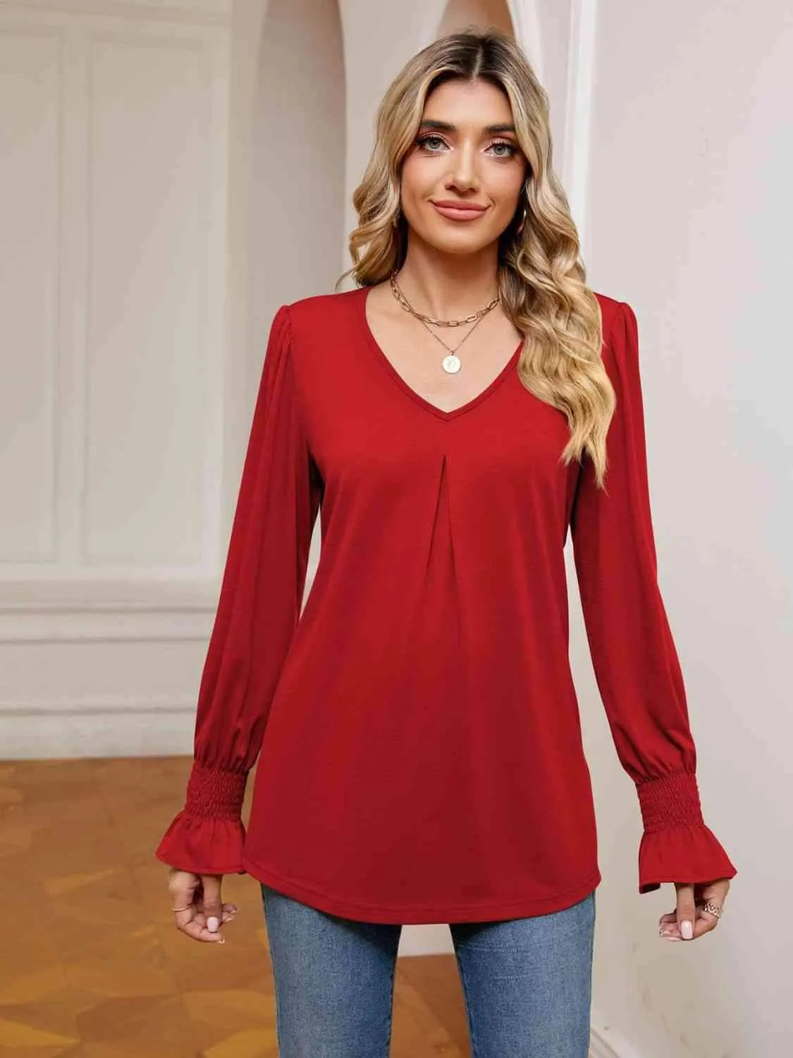 V-Neck Flounce Sleeve Blouse Deep Red Blouses - Tophatter Daily Deals