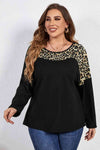 Melo Apparel Plus Size Leopard Trim Round Neck Long Sleeve Tee Black Women's T-Shirts - Tophatter Daily Deals