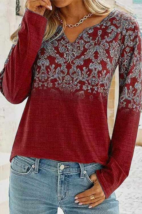 Printed Notched Long Sleeve T-Shirt Deep Red Women's T-Shirts - Tophatter Daily Deals