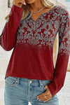 Printed Notched Long Sleeve T-Shirt Deep Red Women's T-Shirts - Tophatter Daily Deals