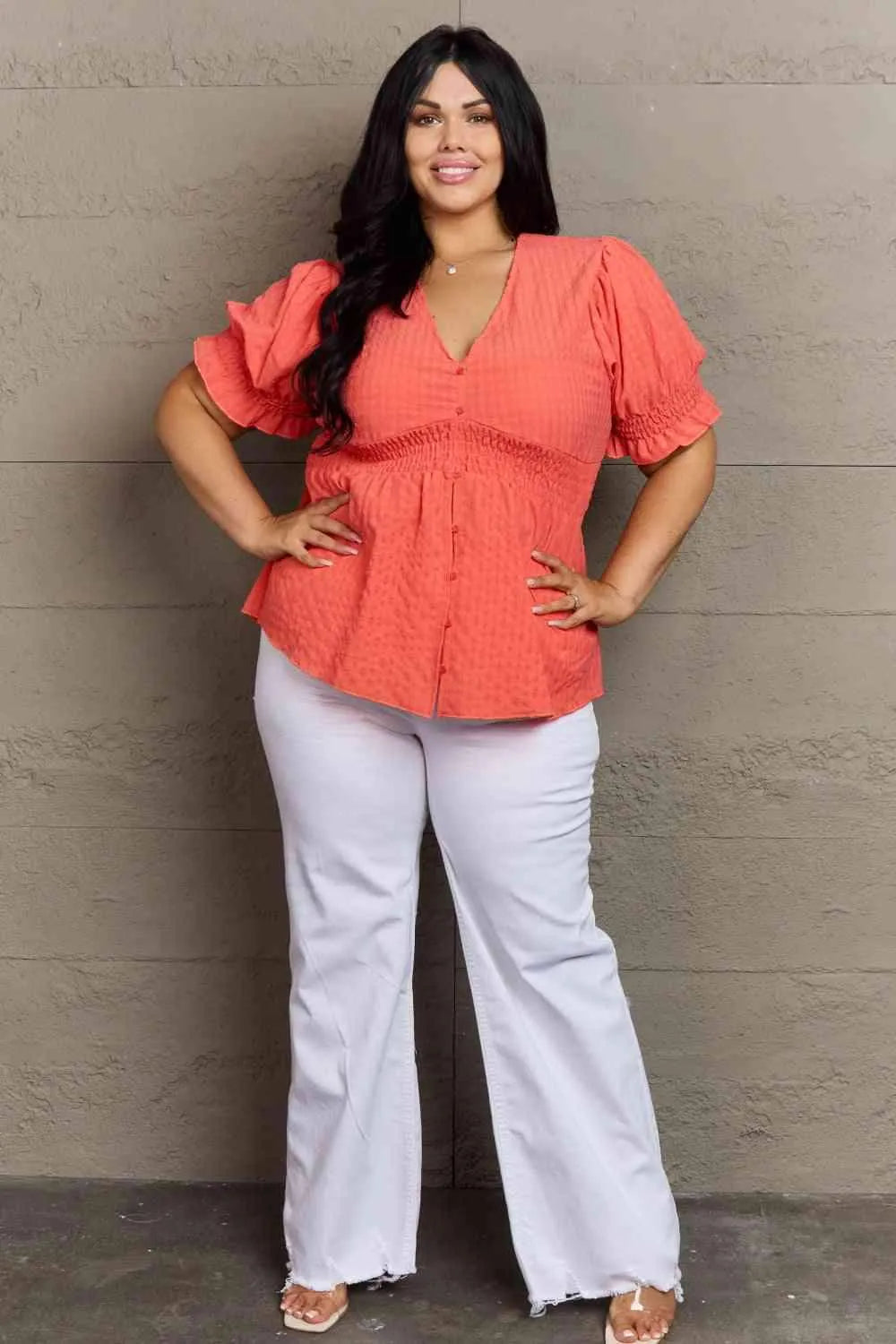 Culture Code Whimsical Wonders Full Size V-Neck Puff Sleeve Button Down Top Blouses - Tophatter Daily Deals