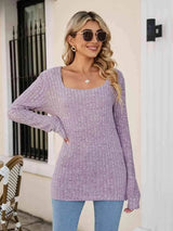 Square Neck Ribbed Long Sleeve T-Shirt Women's T-Shirts - Tophatter Daily Deals