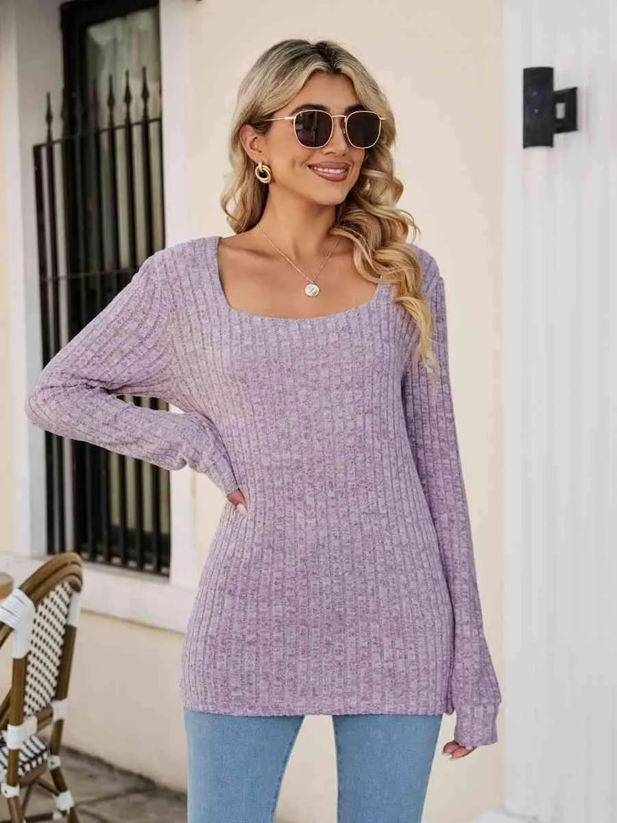 Square Neck Ribbed Long Sleeve T-Shirt Women's T-Shirts - Tophatter Daily Deals