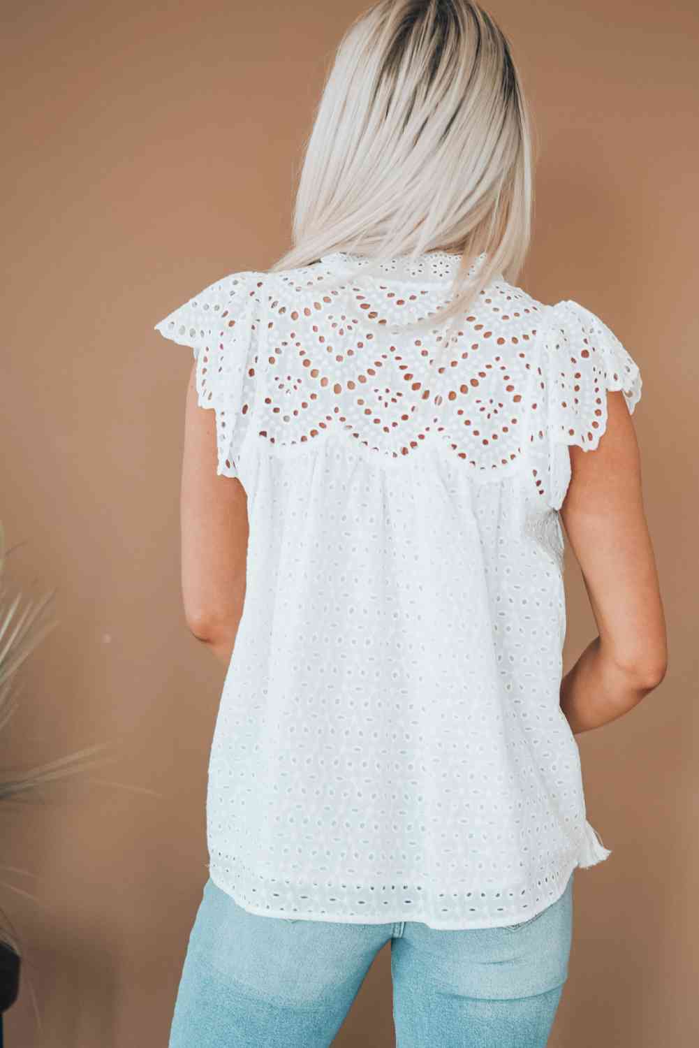 Eyelet Tassel Tie Flutter Sleeve Top - Tophatter Deals