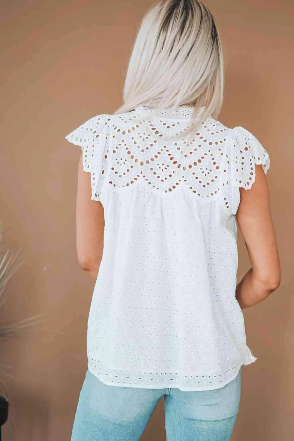 Eyelet Tassel Tie Flutter Sleeve Top Blouses - Tophatter Daily Deals