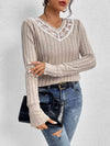 Lace Detail Ribbed V-Neck Long Sleeve Top Blouses - Tophatter Daily Deals