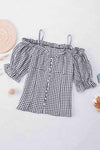 Plaid Buttoned Sweetheart Neck Cold-Shoulder Top Blouses - Tophatter Daily Deals