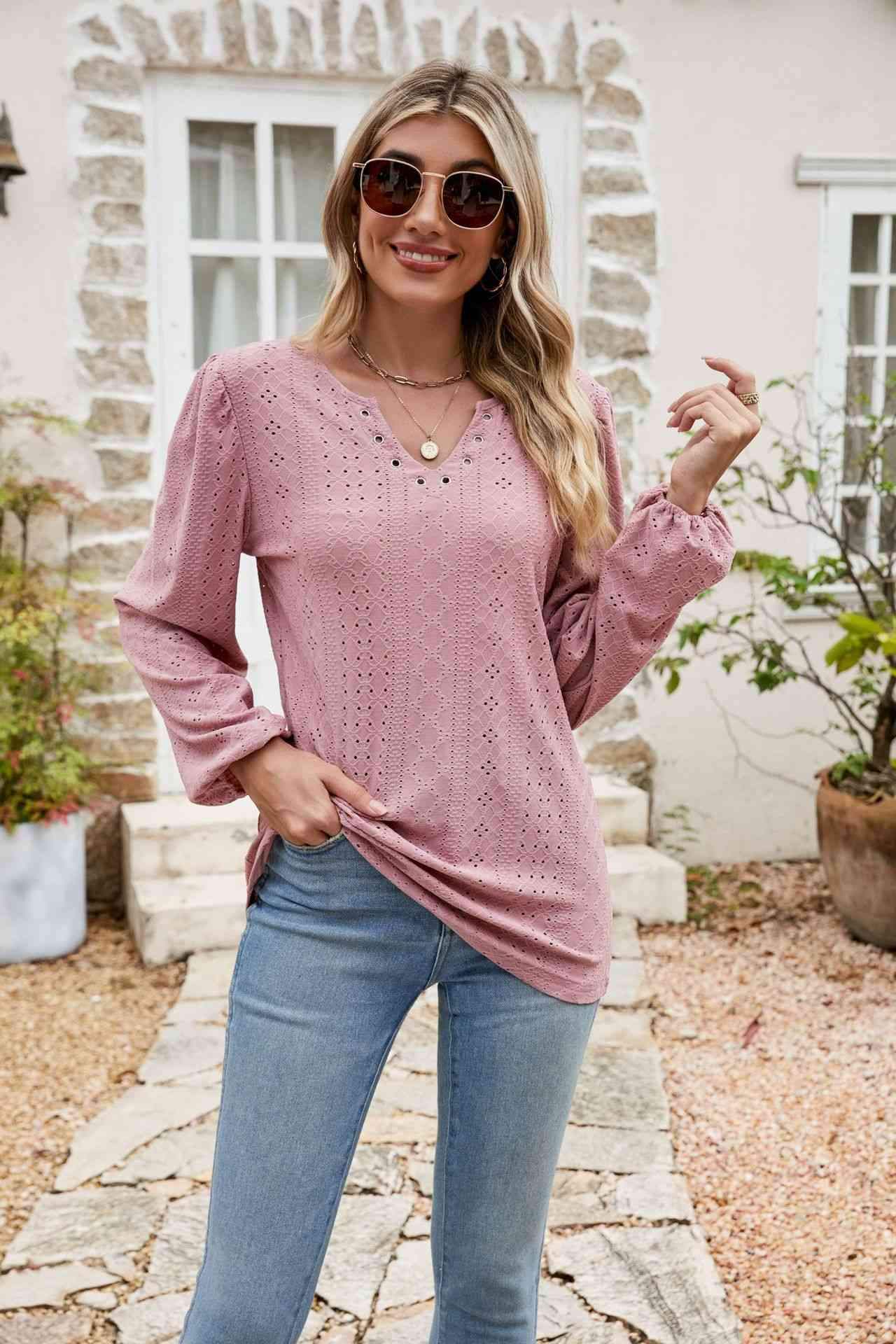 Eyelet Notched Neck Balloon Sleeve Blouse Light Mauve Blouses - Tophatter Daily Deals