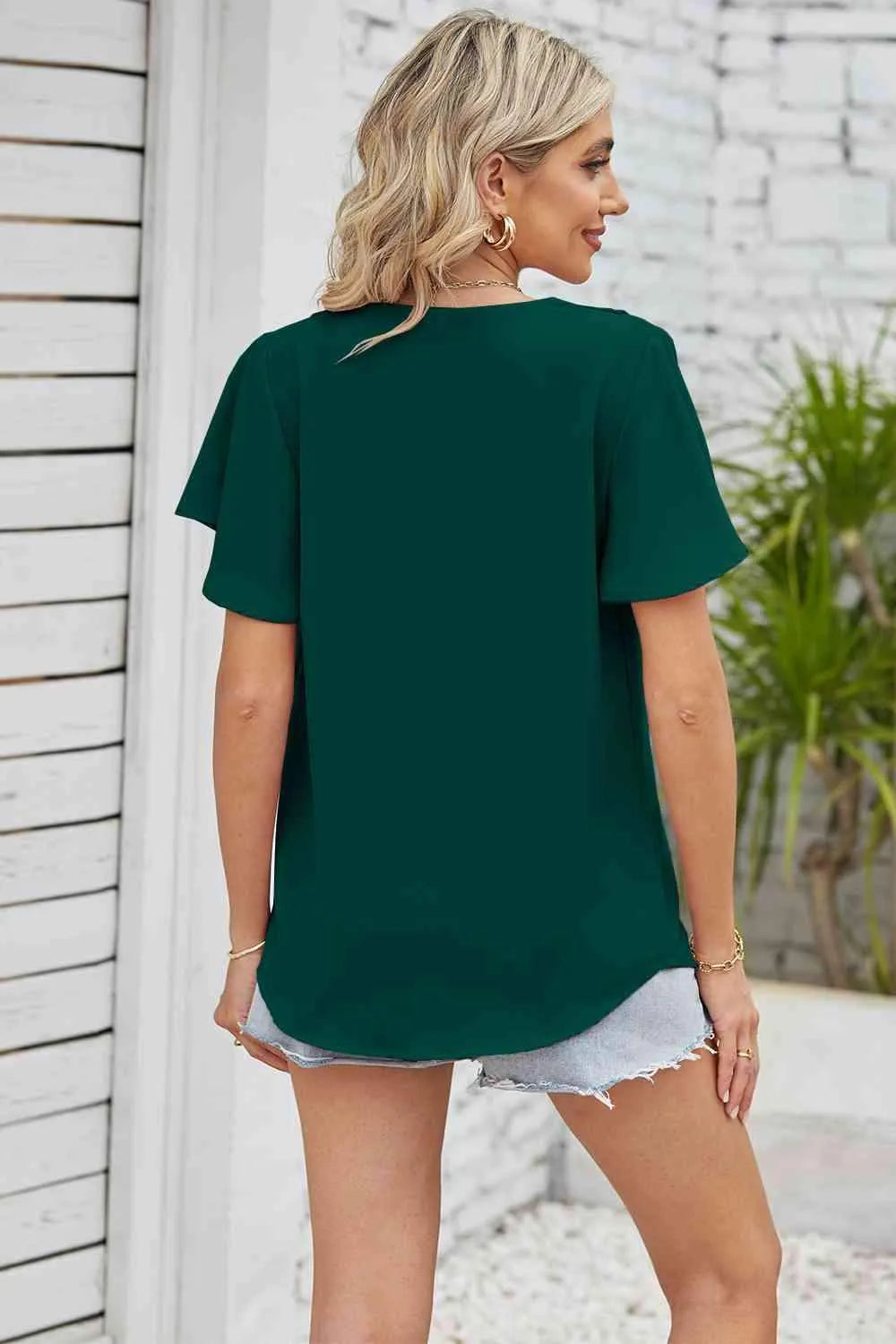 V-Neck Flutter Sleeve Blouse Blouses - Tophatter Daily Deals