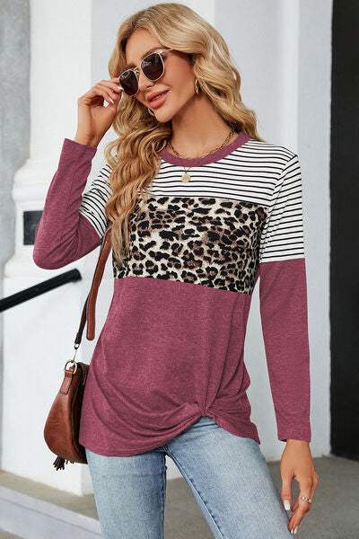 Leopard Striped Round Neck T-Shirt Women's T-Shirts - Tophatter Daily Deals