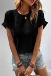 Textured Round Neck Short Sleeve Top Black Blouses - Tophatter Daily Deals