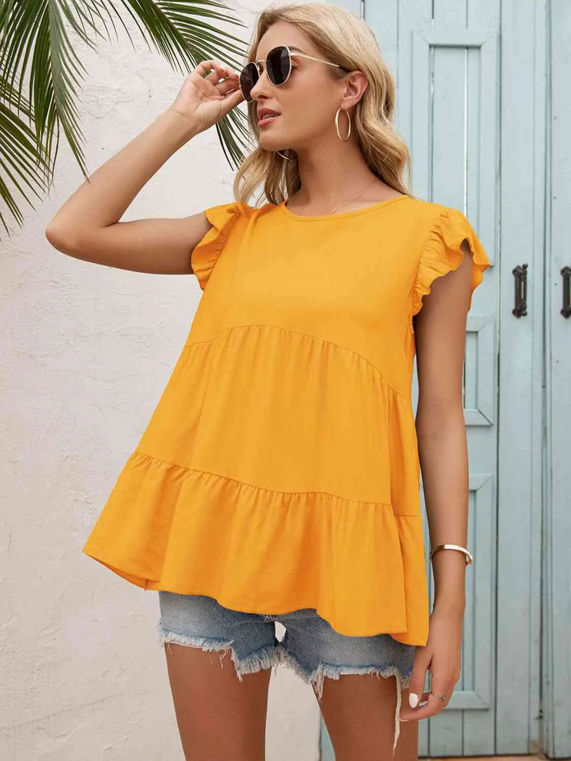 Round Neck Flutter Sleeve Tiered Blouse Blouses - Tophatter Daily Deals