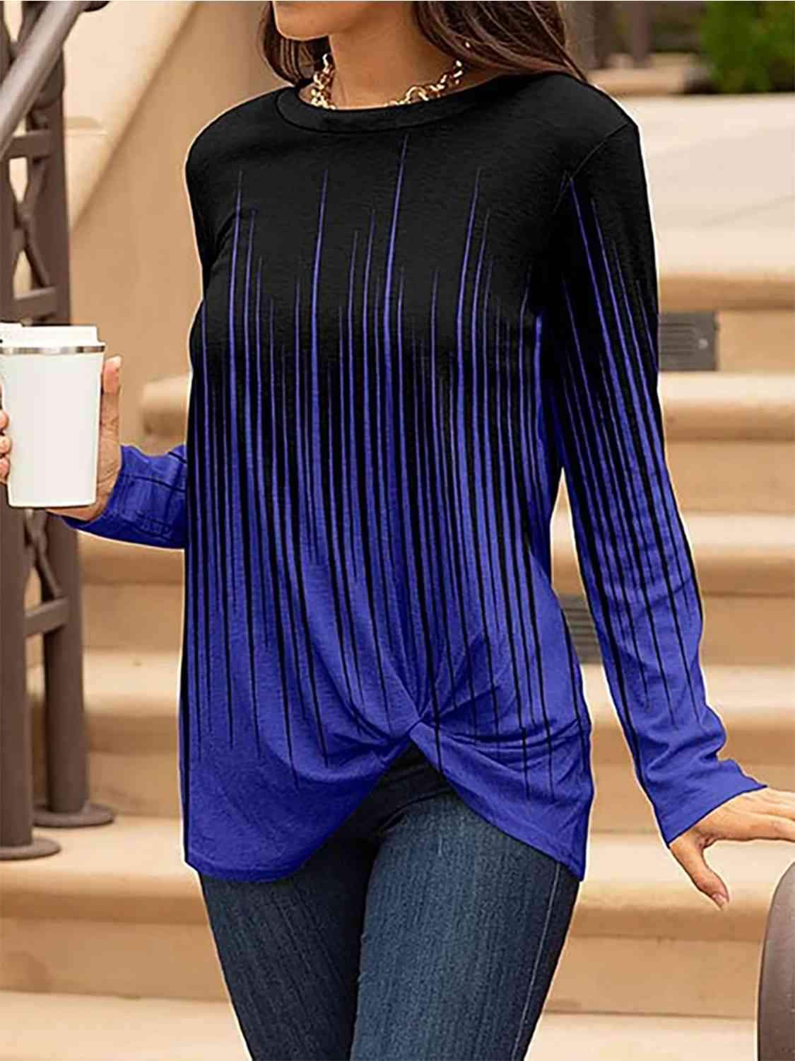 Contrast Twisted Round Neck Long Sleeve T-Shirt Royal Blue Women's T-Shirts - Tophatter Daily Deals